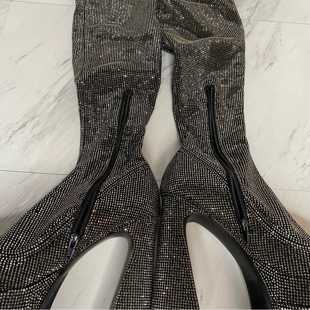 Steve Madden Sultry Rhinestone Thigh High Pointy Toe Platform Heeled Boot 8 1/2